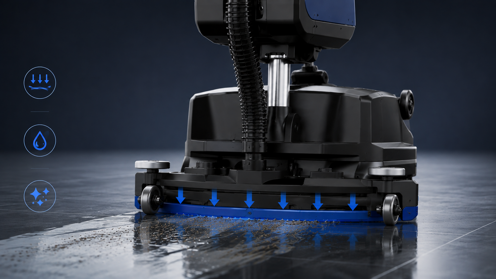 Built‑in pressurized structure enables the squeegee to fit tightly on various floors. It locks water and prevents leakage for complete sewage recovery, effectively improving overall cleaning performance.